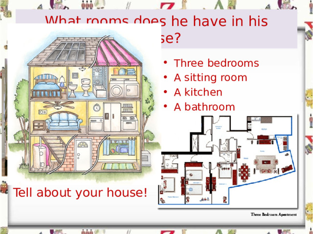 What rooms does he have in his house? Three bedrooms A sitting room A kitchen A bathroom Tell about your house! 