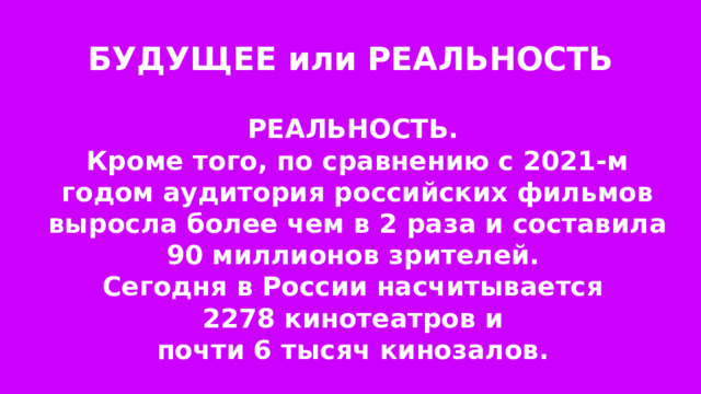 БУДУЩЕЕ или РЕАЛЬНОСТЬ РЕАЛЬНОСТЬ. Кроме того, по сравнению с 2021-м годом аудитория российских фильмов выросла более чем в 2 раза и составила 90 миллионов зрителей. Сегодня в России насчитывается 2278 кинотеатров и почти 6 тысяч кинозалов.  