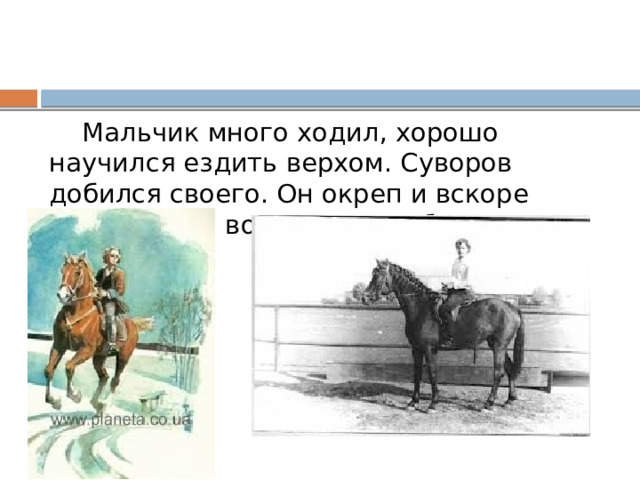  Мальчик много ходил, хорошо научился ездить верхом. Суворов добился своего. Он окреп и вскоре поступил на военную службу. 