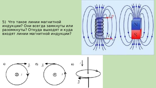 5)  Что такое линии магнитной индукции? Они всегда замкнуты или разомкнуты? Откуда выходят и куда входят линии магнитной индукции? 