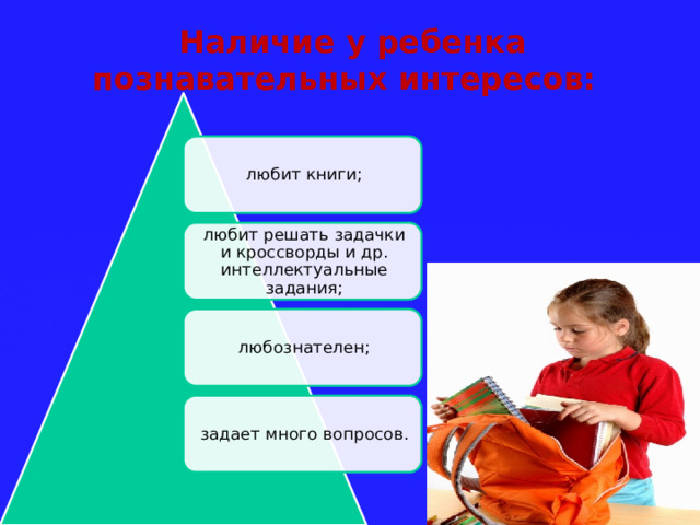  Наличие у ребенка познавательных интересов: любит книги; любит решать задачки и кроссворды и др. интеллектуальные задания; любознателен; задает много вопросов. 