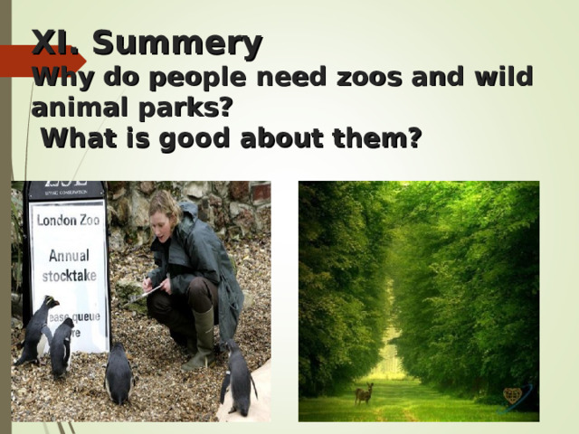 XI. Summery   Why do people need zoos and wild animal parks?  What is good about them? 