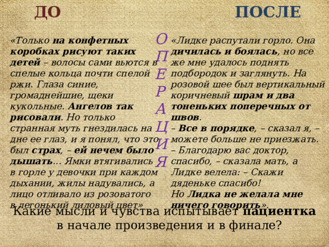 ДО  ПОСЛЕ О П Е Р А Ц И Я  «Только на конфетных коробках рисуют таких детей – волосы сами вьются в спелые кольца почти спелой ржи. Глаза синие, громаднейшие, щеки кукольные. Ангелов так рисовали . Но только странная муть гнездилась на дне ее глаз, и я понял, что это был страх , – ей нечем было дышать ... Ямки втягивались в горле у девочки при каждом дыхании, жилы надувались, а лицо отливало из розоватого в легонький лиловый цвет» «Лидке распутали горло. Она дичилась и боялась , но все же мне удалось поднять подбородок и заглянуть. На розовой шее был вертикальный коричневый шрам и два тоненьких поперечных от швов .  – Все в порядке , – сказал я, – можете больше не приезжать.  – Благодарю вас доктор, спасибо, – сказала мать, а Лидке велела: – Скажи дяденьке спасибо!  Но Лидка не желала мне ничего говорить ». Какие мысли и чувства испытывает пациентка в начале произведения и в финале? 