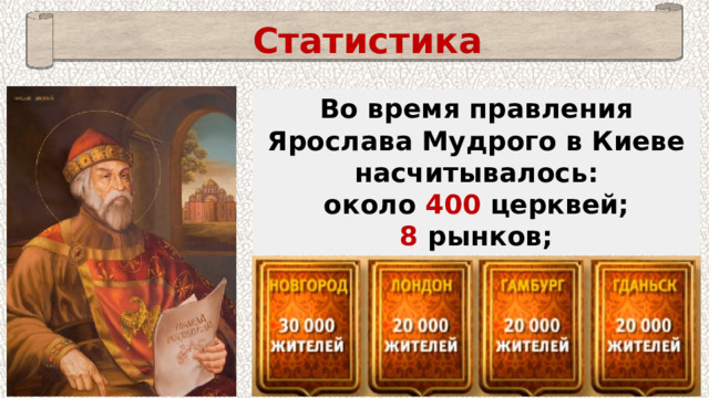 Статистика Во время правления Ярослава Мудрого в Киеве насчитывалось: около 400 церквей; 8 рынков; более 50000 жителей. 