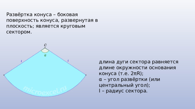 Развёртка конуса – боковая поверхность конуса, развернутая в плоскость; является круговым сектором. длина дуги сектора равняется длине окружности основания конуса (т.е. 2πR); α – угол развёртки (или центральный угол); l – радиус сектора. 