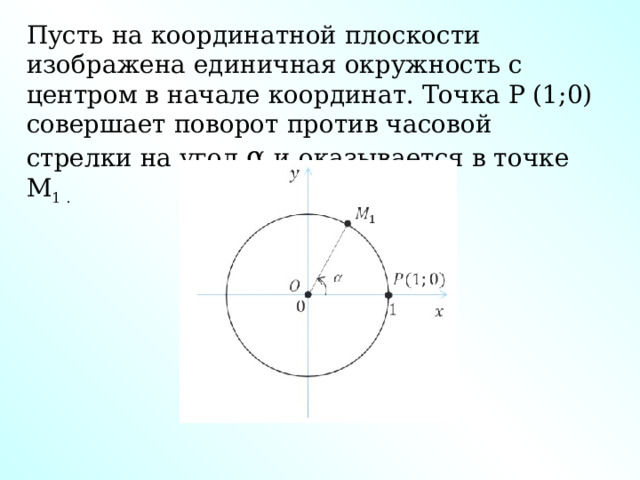 Пусть на координатной плоскости изображена единичная окружность с центром в начале координат. Точка Р (1;0) совершает поворот против часовой стрелки на угол α и оказывается в точке М 1 . 