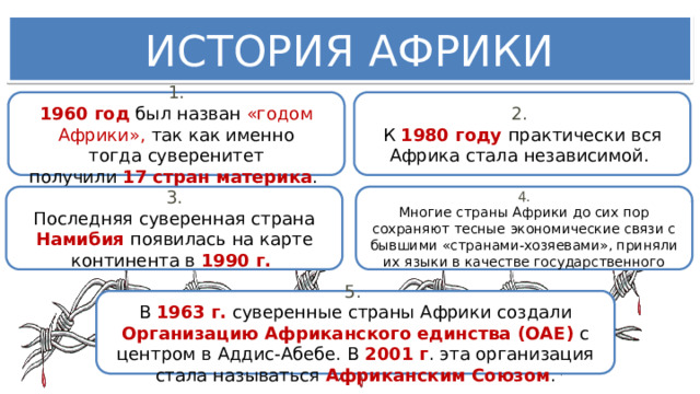 ИСТОРИЯ АФРИКИ 1. 2.  1960 год был назван «годом Африки», так как именно тогда суверенитет получили  17 стран материка .  К  1980 году практически вся Африка стала независимой.  3. 4. Последняя суверенная страна Намибия появилась на карте континента в  1990 г.  Многие страны Африки до сих пор сохраняют тесные экономические связи с бывшими «странами-хозяевами», приняли их языки в качестве государственного 5.  В  1963 г. суверенные страны Африки создали Организацию Африканского единства (ОАЕ) с центром в Аддис-Абебе. В  2001 г . эта организация стала называться Африканским Союзом . 