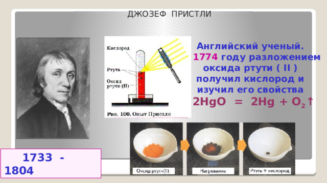  ДЖОЗЕФ ПРИСТЛИ Английский ученый. В 1774 году разложением oксида ртути ( II ) получил кислород и изучил его свойства  2HgO = 2Hg + O 2 ↑  1733 - 1804 