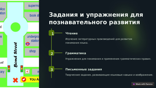 Задания и упражнения для познавательного развития 1 Чтение Изучение литературных произведений для развития понимания языка. 2 Грамматика Упражнения для понимания и применения грамматических правил. 3 Письменные задания Творческие задания, развивающие языковые навыки и воображение.  