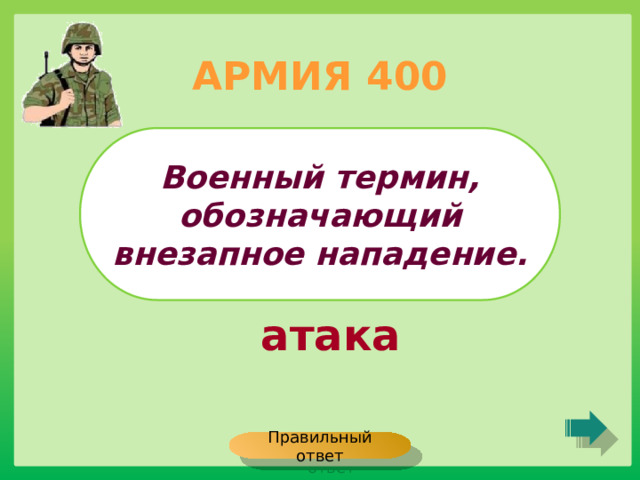 АРМИЯ 400 Военный термин, обозначающий внезапное нападение. атака Правильный ответ 