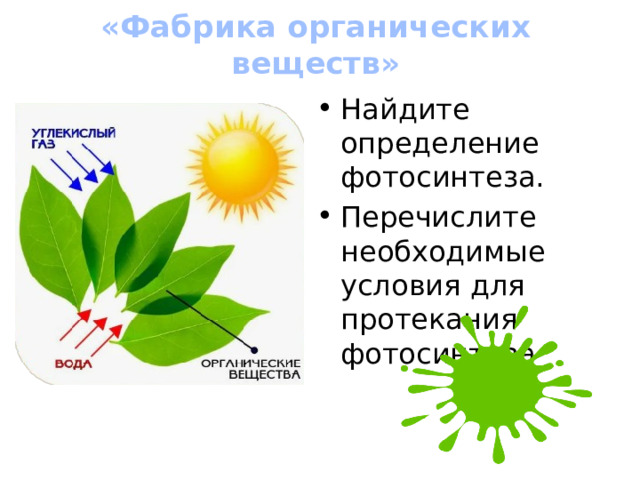 «Фабрика органических веществ» Найдите определение фотосинтеза. Перечислите необходимые условия для протекания фотосинтеза 