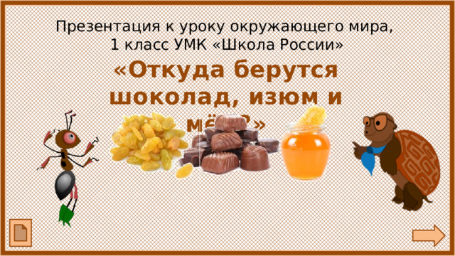 Презентация к уроку окружающего мира,  1 класс УМК «Школа России» «Откуда берутся шоколад, изюм и мёд?» 