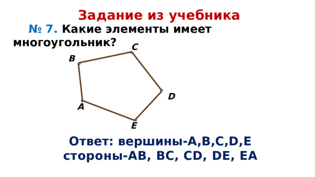 Задание из учебника  № 7. Какие элементы имеет многоугольник? C  B   D A  E  Ответ: вершины-А,В,С,D,E стороны-AB, BC, CD, DE, EA 