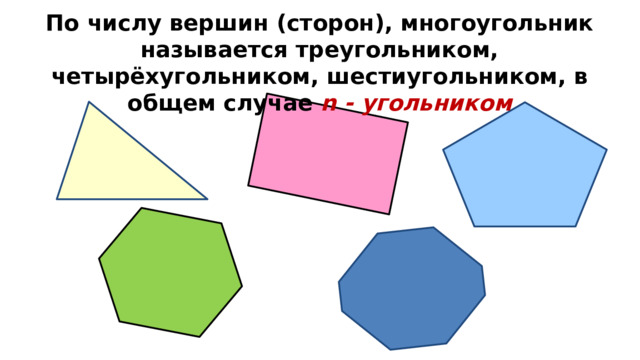 По числу вершин (сторон), многоугольник называется треугольником, четырёхугольником, шестиугольником, в общем случае n - угольником 
