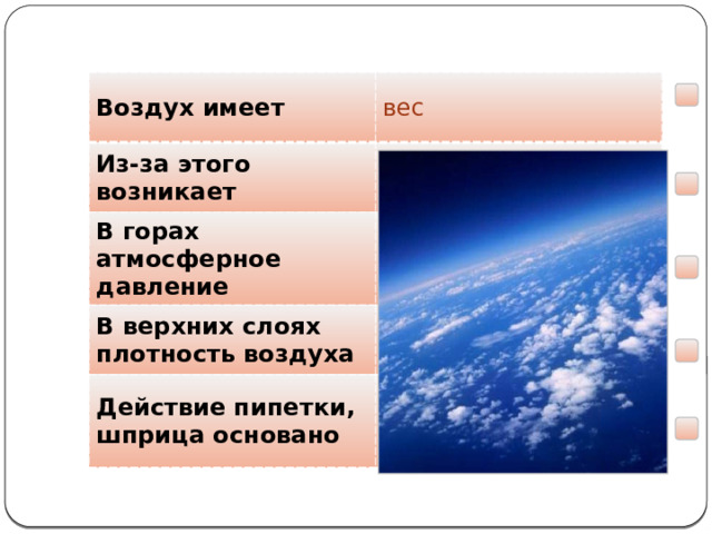  Мы узнали, что … Воздух имеет вес Из-за этого возникает атмосферное давление В горах атмосферное давление уменьшается В верхних слоях плотность воздуха Действие пипетки, шприца основано уменьшается На существовании атмосферного давления  