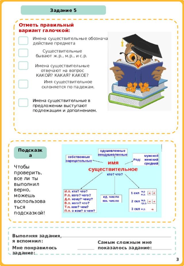 Задание 5 Отметь правильный вариант галочкой:  Имена существительные обозначают действие предмета  Существительные бывают ж.р., м.р., и с.р. Имена существительные отвечают на вопрос КАКОЙ? КАКАЯ? КАКОЕ? Имя существительное склоняется по падежам. Имена существительные в предложении выступают подлежащим и дополнением.  Подсказка Чтобы проверить, все ли ты выполнил верно, можешь воспользоваться подсказкой! Выполняя задания, я вспомнил: Самым сложным мне показалось задание: Мне понравилось задание: 3 
