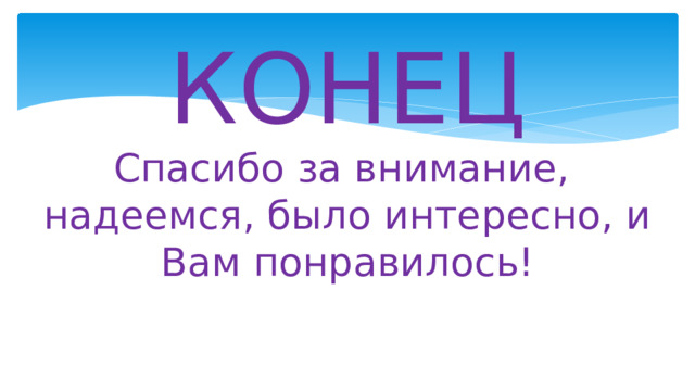 КОНЕЦ  Спасибо за внимание,  надеемся, было интересно, и Вам понравилось!   