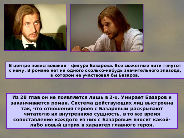 В центре повествования – фигура Базарова. Все сюжетные нити тянутся к нему. В романе нет ни одного сколько-нибудь значительного эпизода, в котором не участвовал бы Базаров. Из 28 глав он не появляется лишь в 2-х. Умирает Базаров и заканчивается роман. Система действующих лиц выстроена так, что отношения героев с Базаровым раскрывают читателю их внутреннюю сущность, в то же время сопоставление каждого из них с Базаровым вносит какой-либо новый штрих в характер главного героя. 