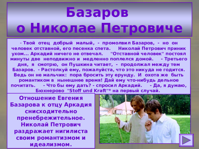 Базаров  о Николае Петровиче  - Твой отец добрый малый, - промолвил Базаров, - но он человек отставной, его песенка спета. Николай Петрович приник ухом... Аркадий ничего не отвечал. 
