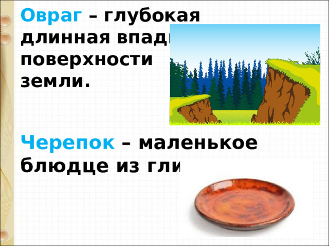 Овраг  – глубокая длинная впадина на поверхности земли. Черепок  – маленькое блюдце из глины. 