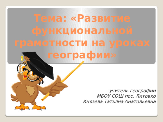 Тема: «Развитие функциональной грамотности на уроках географии»    учитель географии МБОУ СОШ пос. Литовко Князева Татьяна Анатольевна    
