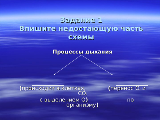 Задание 1  Впишите недостающую часть схемы Процессы дыхания   ____________ ____________ ( происходит в клетках, ( перенос О 2 и СО 2  с выделением Q ) по организму ) 
