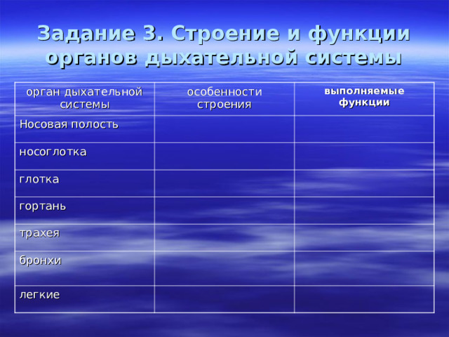 Задание 3. Строение и функции органов дыхательной системы орган дыхательной системы особенности строения Носовая полость выполняемые функции носоглотка глотка гортань трахея бронхи легкие 