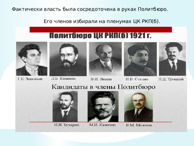 Фактически власть была сосредоточена в руках Политбюро. Его членов избирали на пленумах ЦК РКП(б). 