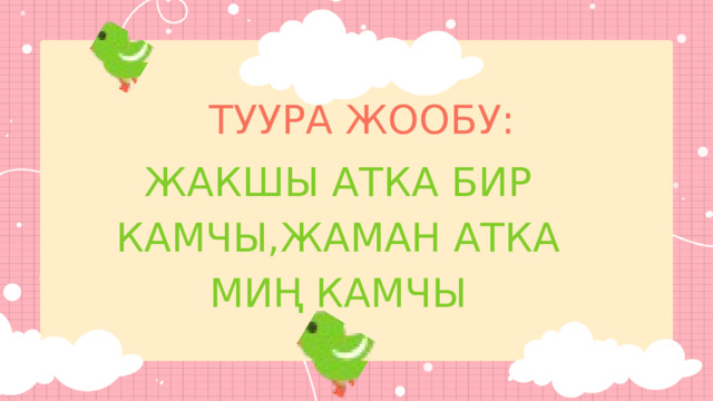 ТУУРА ЖООБУ: ЖАКШЫ АТКА БИР КАМЧЫ,ЖАМАН АТКА МИҢ КАМЧЫ 