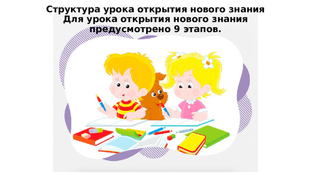 Структура урока открытия нового знания  Для урока открытия нового знания предусмотрено 9 этапов. 