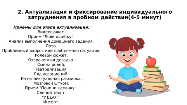 2. Актуализация и фиксирование индивидуального затруднения в пробном действии(4-5 минут)   Приемы для этапа актуализации: Видеосюжет. Прием 