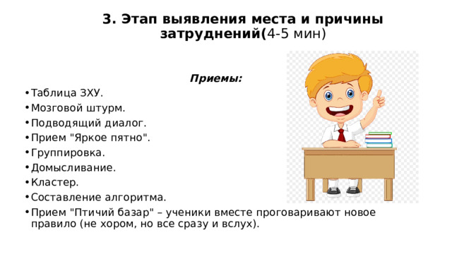 3. Этап выявления места и причины затруднений( 4-5 мин)   Приемы: Таблица ЗХУ. Мозговой штурм. Подводящий диалог. Прием 