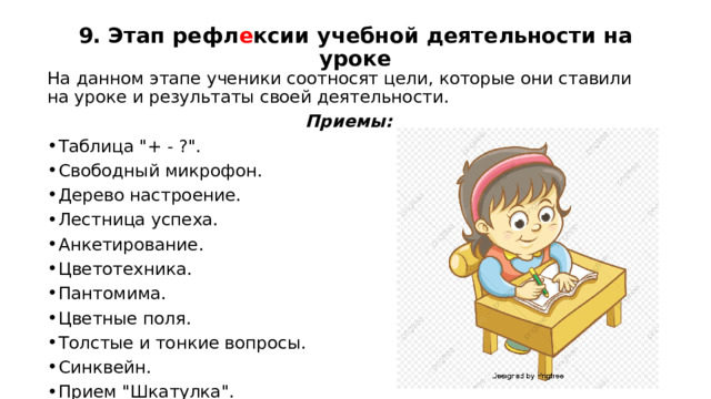 9. Этап рефл е ксии учебной деятельности на уроке   На данном этапе ученики соотносят цели, которые они ставили на уроке и результаты своей деятельности. Приемы: Таблица 