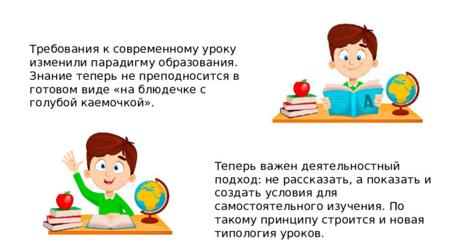 Требования к современному уроку изменили парадигму образования. Знание теперь не преподносится в готовом виде «на блюдечке с голубой каемочкой». Теперь важен деятельностный подход: не рассказать, а показать и создать условия для самостоятельного изучения. По такому принципу строится и новая типология уроков. 