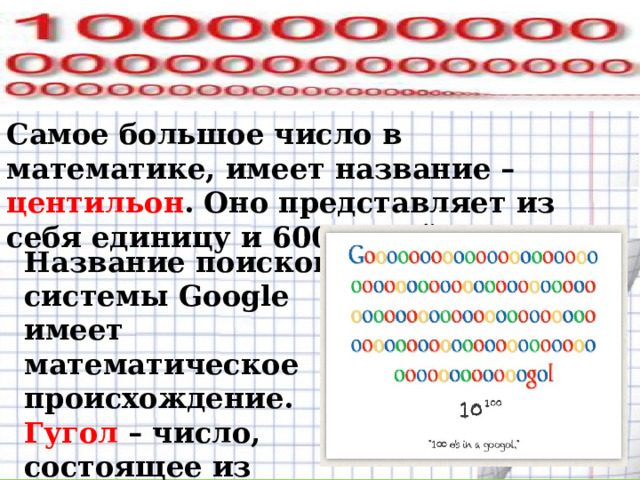 Самое большое число в математике, имеет название – центильон . Оно представляет из себя единицу и 600 нулей. Название поисковой системы Google имеет математическое происхождение. Гугол – число, состоящее из единицы и 10 0 нулей. 