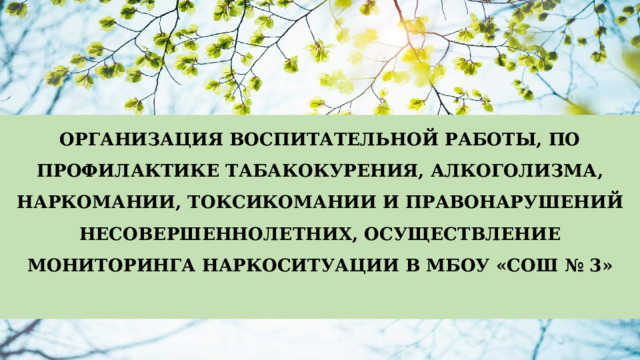 ОРГАНИЗАЦИЯ ВОСПИТАТЕЛЬНОЙ РАБОТЫ, ПО ПРОФИЛАКТИКЕ ТАБАКОКУРЕНИЯ, АЛКОГОЛИЗМА, НАРКОМАНИИ, ТОКСИКОМАНИИ И ПРАВОНАРУШЕНИЙ НЕСОВЕРШЕННОЛЕТНИХ, ОСУЩЕСТВЛЕНИЕ МОНИТОРИНГА НАРКОСИТУАЦИИ В МБОУ «СОШ № 3»  