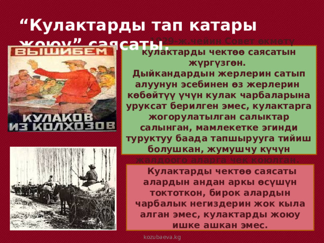 “ Кулактарды тап катары жоюу” саясаты.  1929-ж.чейин Совет өкмөтү кулактарды чектөө саясатын жүргүзгөн. Дыйкандардын жерлерин сатып алуунун эсебинен өз жерлерин көбөйтүү үчүн кулак чарбаларына уруксат берилген эмес, кулактарга жогорулатылган салыктар салынган, мамлекетке эгинди туруктуу баада тапшырууга тийиш болушкан, жумушчу күчүн жалдоого аларга чек коюлган.  Кулактарды чектөө саясаты алардын андан аркы өсүшүн токтоткон, бирок алардын чарбалык негиздерин жок кыла алган эмес, кулактарды жоюу ишке ашкан эмес. kozubaeva.kg 