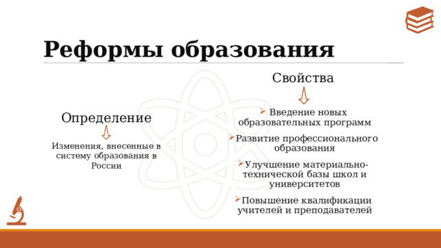 Реформы образования Свойства  Введение новых образовательных программ Развитие профессионального образования Улучшение материально-технической базы школ и университетов Повышение квалификации учителей и преподавателей Определение Изменения, внесенные в систему образования в России 