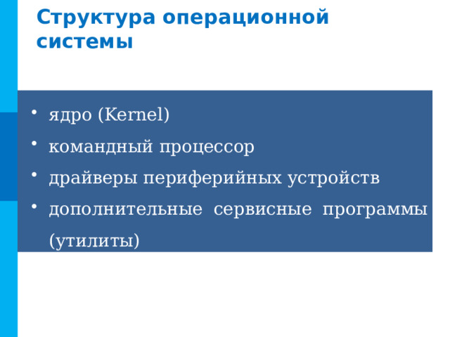 Структура операционной системы ядро (Kernel)    командный процессор драйверы периферийных устройств дополнительные сервисные программы (утилиты) 