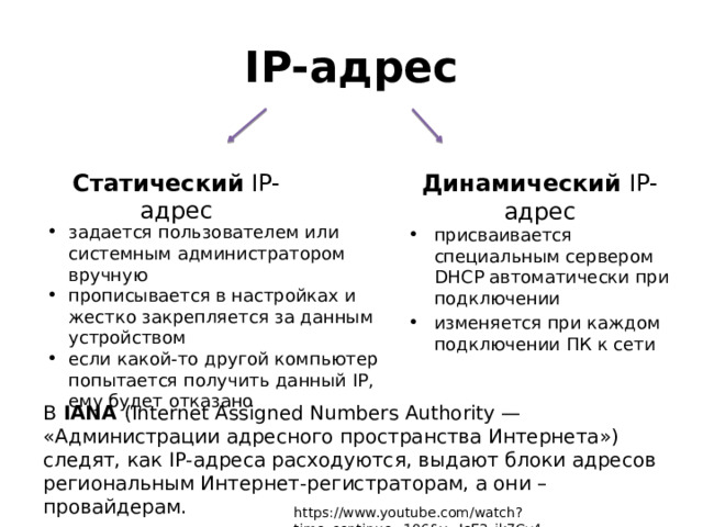 IP-адрес Статический IP-адрес Динамический IP-адрес задается пользователем или системным администратором вручную прописывается в настройках и жестко закрепляется за данным устройством если какой-то другой компьютер попытается получить данный IP, ему будет отказано присваивается специальным сервером DHCP автоматически при подключении изменяется при каждом подключении ПК к сети В IANA (Internet Assigned Numbers Authority — «Администрации адресного пространства Интернета») следят, как IP-адреса расходуются, выдают блоки адресов региональным Интернет-регистраторам, а они – провайдерам. https://www.youtube.com/watch?time_continue=106&v=IsE3_jk7Cy4 
