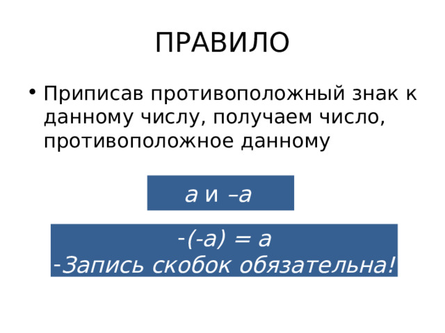 ПРАВИЛО Приписав противоположный знак к данному числу, получаем число, противоположное данному а и –а (-а) = а Запись скобок обязательна! 