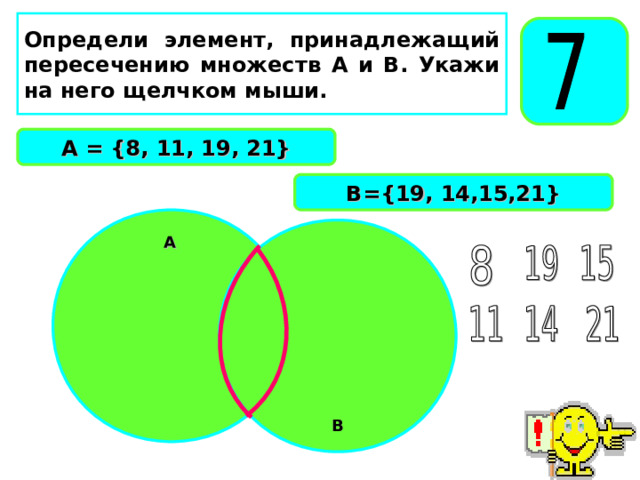 Определи элемент, принадлежащий пересечению множеств А и В. Укажи на него щелчком мыши. А = {8, 11, 19, 21} B={19, 14,15,21}  А B 60 