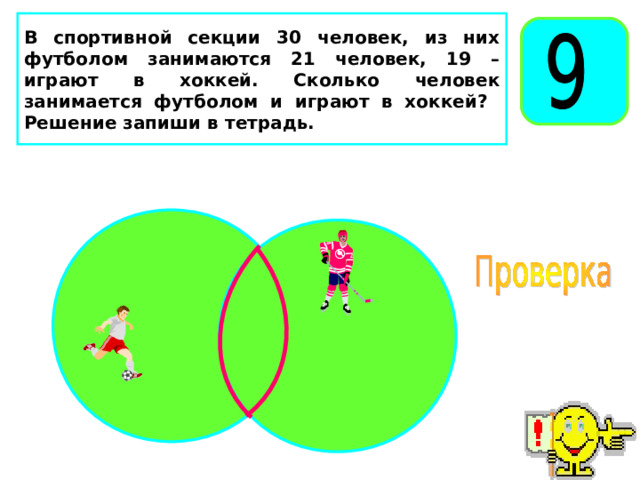 В спортивной секции 30 человек, из них футболом занимаются 21 человек, 19 – играют в хоккей. Сколько человек занимается футболом и играют в хоккей? Решение запиши в тетрадь. 69 