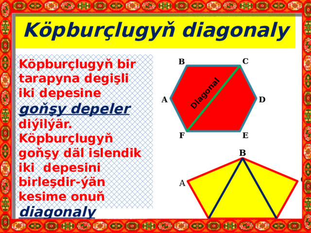 Diagonal Köpburçlugyň diagonaly C Köpburçlugyň bir tarapyna degişli iki depesine goňşy depeler diýilýär. Köpburçlugyň goňşy däl islendik iki depesini birleşdir-ýän kesime onuň diagonaly diýilýär B D A F E B  C A F D 