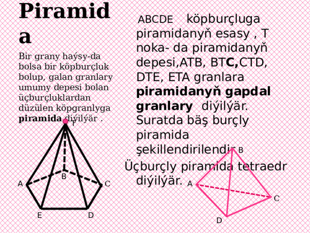 Piramida  ABCDE köpburçluga piramidanyň esasy , T noka- da piramidanyň depesi,ATB, BT С, CTD, DTE, ETA granlara piramidanyň  gapdal granlary diýilýär. Suratda bäş burçly piramida şekillendirilendir. Üçburçly piramida tetraedr diýilýär. Bir grany haýsy-da bolsa bir köpburçluk bolup, galan granlary umumy depesi bolan üçburçluklardan düzülen köpgranlyga piramida diýilýär . T B B С A A С E D D 