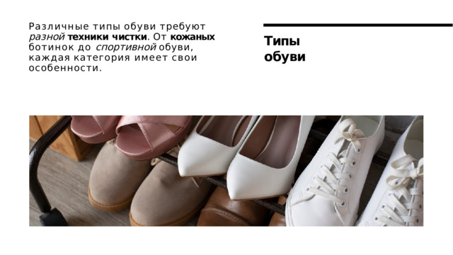 Различные  типы  обуви  требуют  разной техники  чистки .  От  кожаных  ботинок  до спортивной  обуви,  каждая  категория имеет  свои  особенности. Типы  обуви 