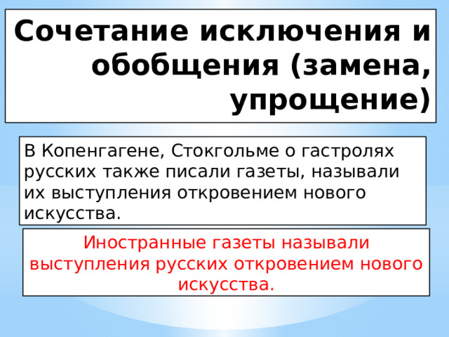 Сочетание исключения и обобщения (замена, упрощение) В Копенгагене, Стокгольме о гастролях русских также писали газеты, называли их выступления откровением нового искусства. Иностранные газеты называли выступления русских откровением нового искусства. 