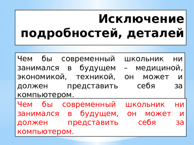 Исключение подробностей, деталей Чем бы современный школьник ни занимался в будущем – медициной, экономикой, техникой, он может и должен представить себя за компьютером. Чем бы современный школьник ни занимался в будущем, он может и должен представить себя за компьютером. 