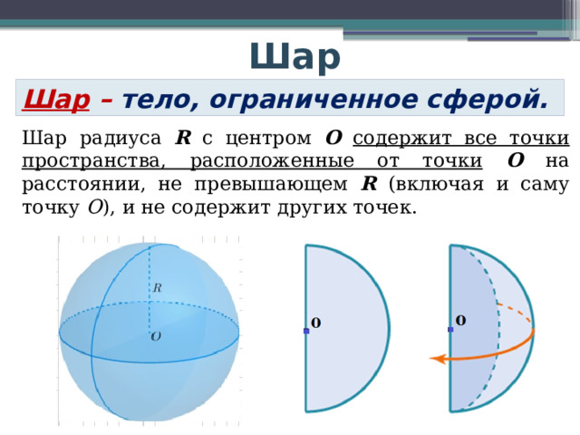 Шар Шар – тело, ограниченное сферой. Шар радиуса R с центром О  содержит все точки пространства, расположенные от точки  О на расстоянии, не превышающем R (включая и саму точку О ), и не содержит других точек. 