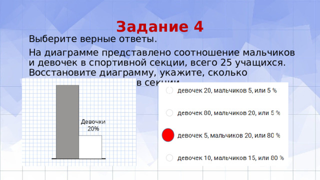 Задание 4 Выберите верные ответы. На диаграмме представлено соотношение мальчиков и девочек в спортивной секции, всего 25 учащихся. Восстановите диаграмму, укажите, сколько мальчиков и девочек в секции. 